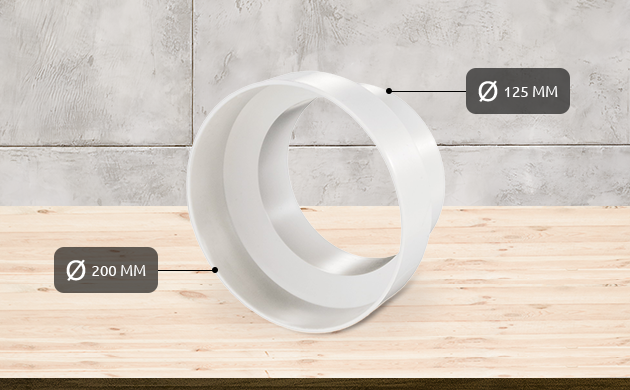 При внешнем диаметре 200 мм и внутреннем 125 получаем нужную толщину засыпки Переходник для вентиляционных труб и каналов