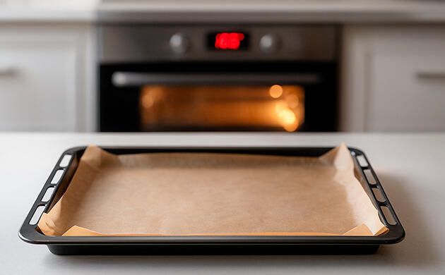 Подготовка противня для выпечки гранолы Разогретая духовка с противнем и пергаментом