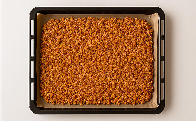 Приготовление ТГК-гранолы в духовке Выпекание ТГК-гранолы на противне до золотистого цвета