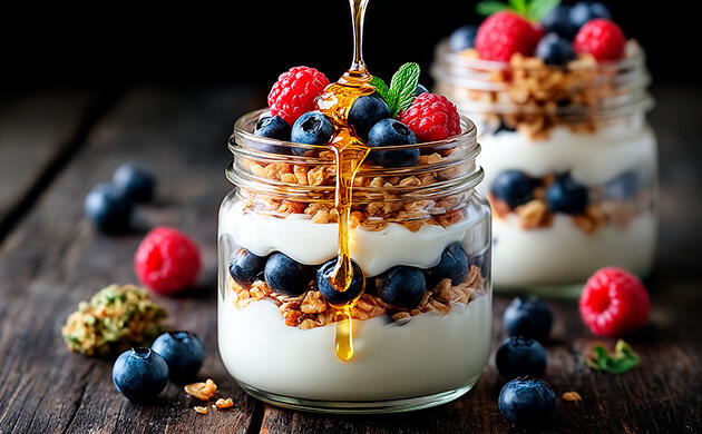 Подача йогуртового парфе с ТГК-гранолой Охлаждённое парфе с кремовой текстурой и ТГК-мёдом