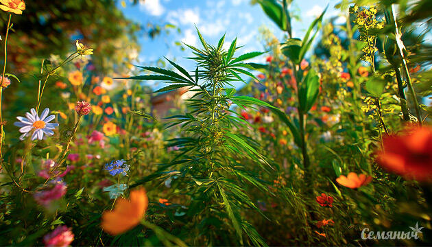 Аутдорный гров среди цветов и кустарников Скрытый аутдорный гров каннабиса среди садовых растений