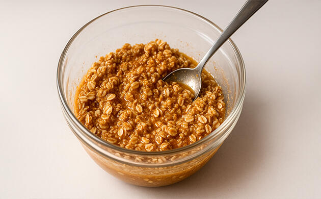 Подготовка гранолы: соединяем овсянку, орехи и ТГК-мёд Сухие ингредиенты и жидкая смесь для гранолы