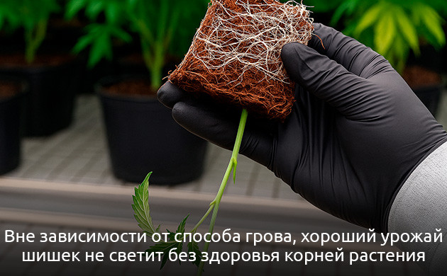 Здоровая корневая система — залог хорошего урожая Слабая корневая система конопли