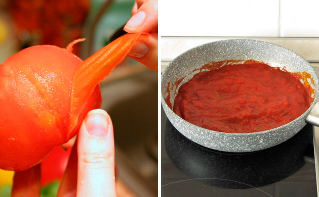 Приготовление соуса Обжарить нарезанные помидоры