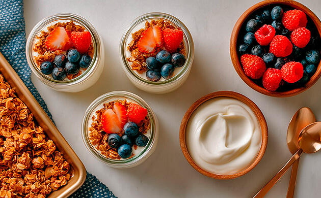 Сборка парфе с ТГК-гранолой Парфе в стакане: йогурт, ягоды и гранола с ТГК